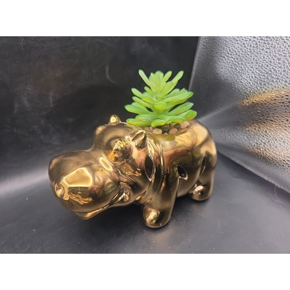 House Hippo Gold Ceramic Succulent Planter With Faux Succulent